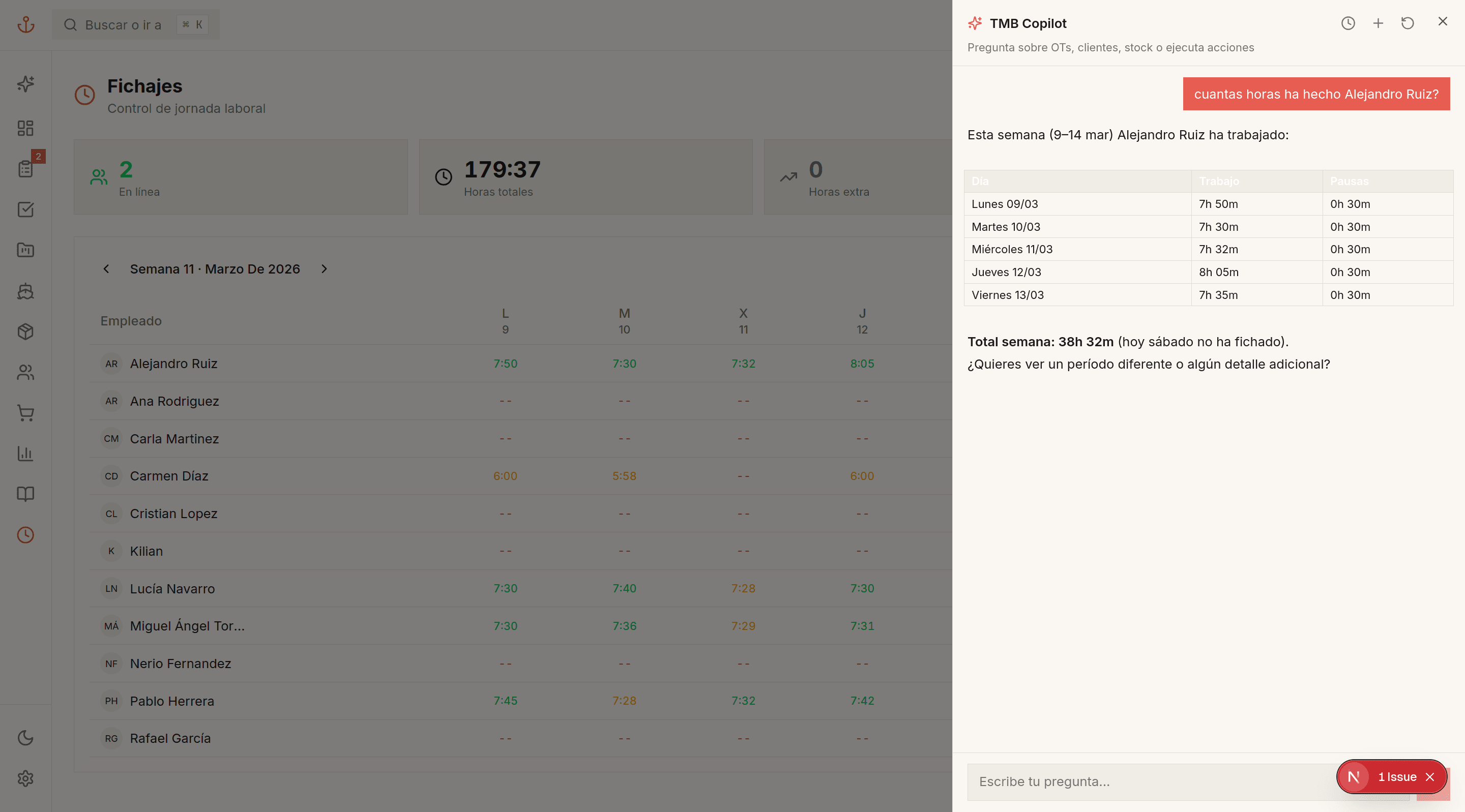 AI Copilot answering a question about employee hours with real data