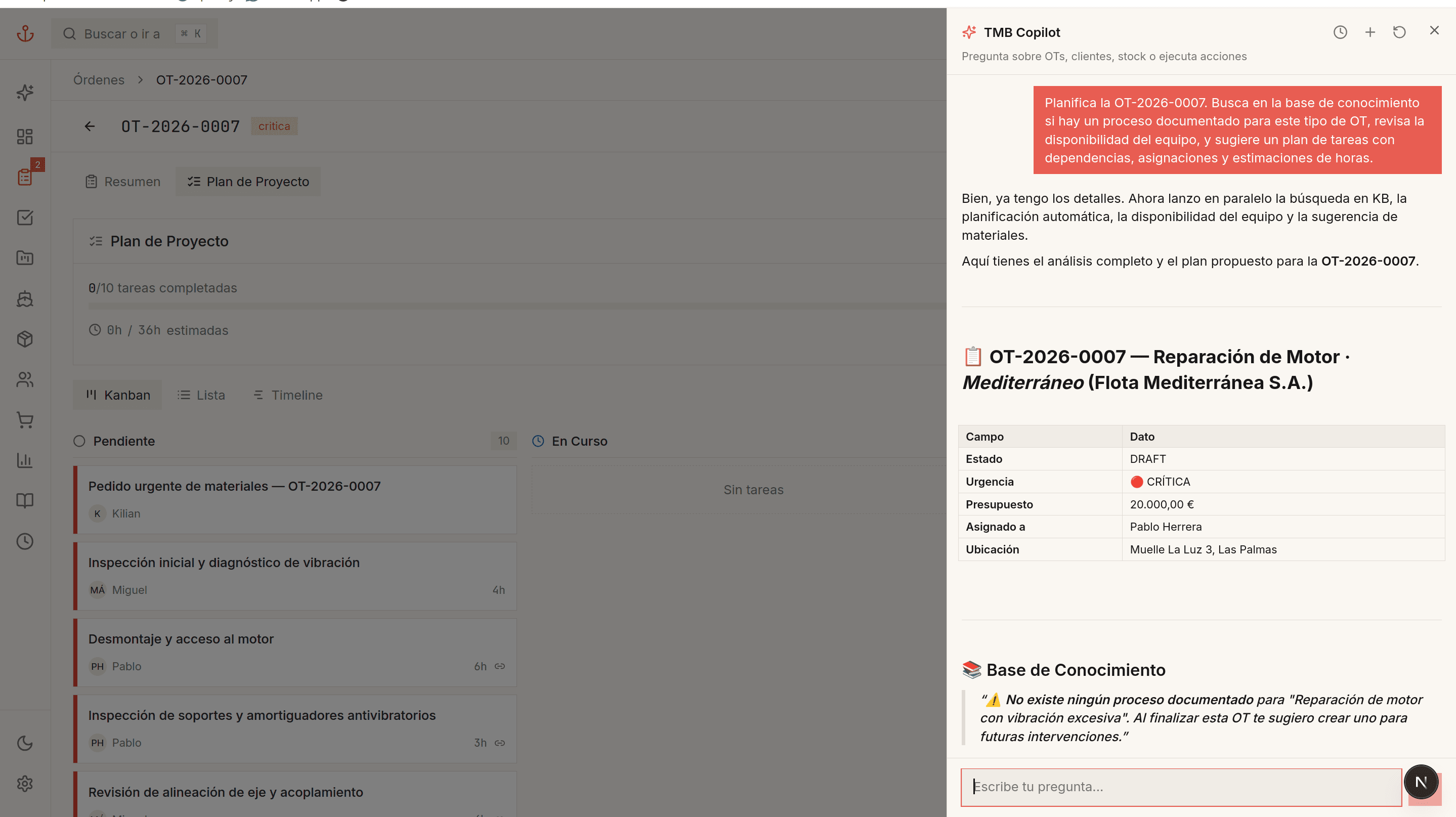 Proa One AI Copilot analyzing a work order, searching the knowledge base, and proposing a task plan