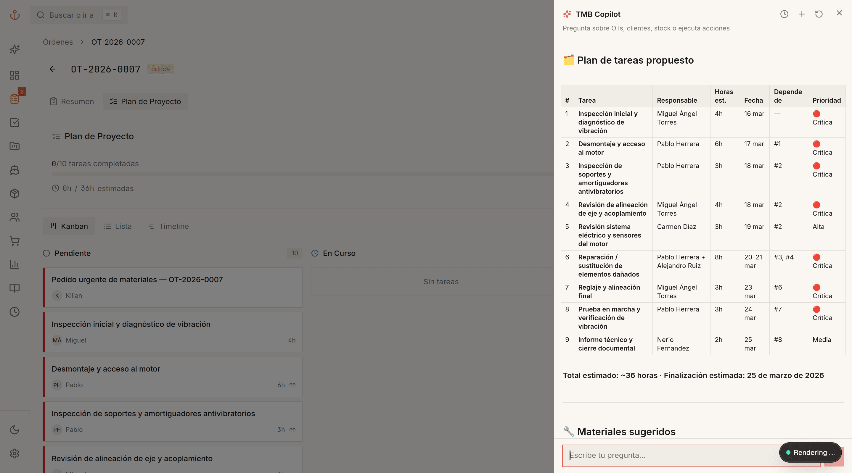 AI Copilot generating a 9-task plan with dates, assignments, and priorities