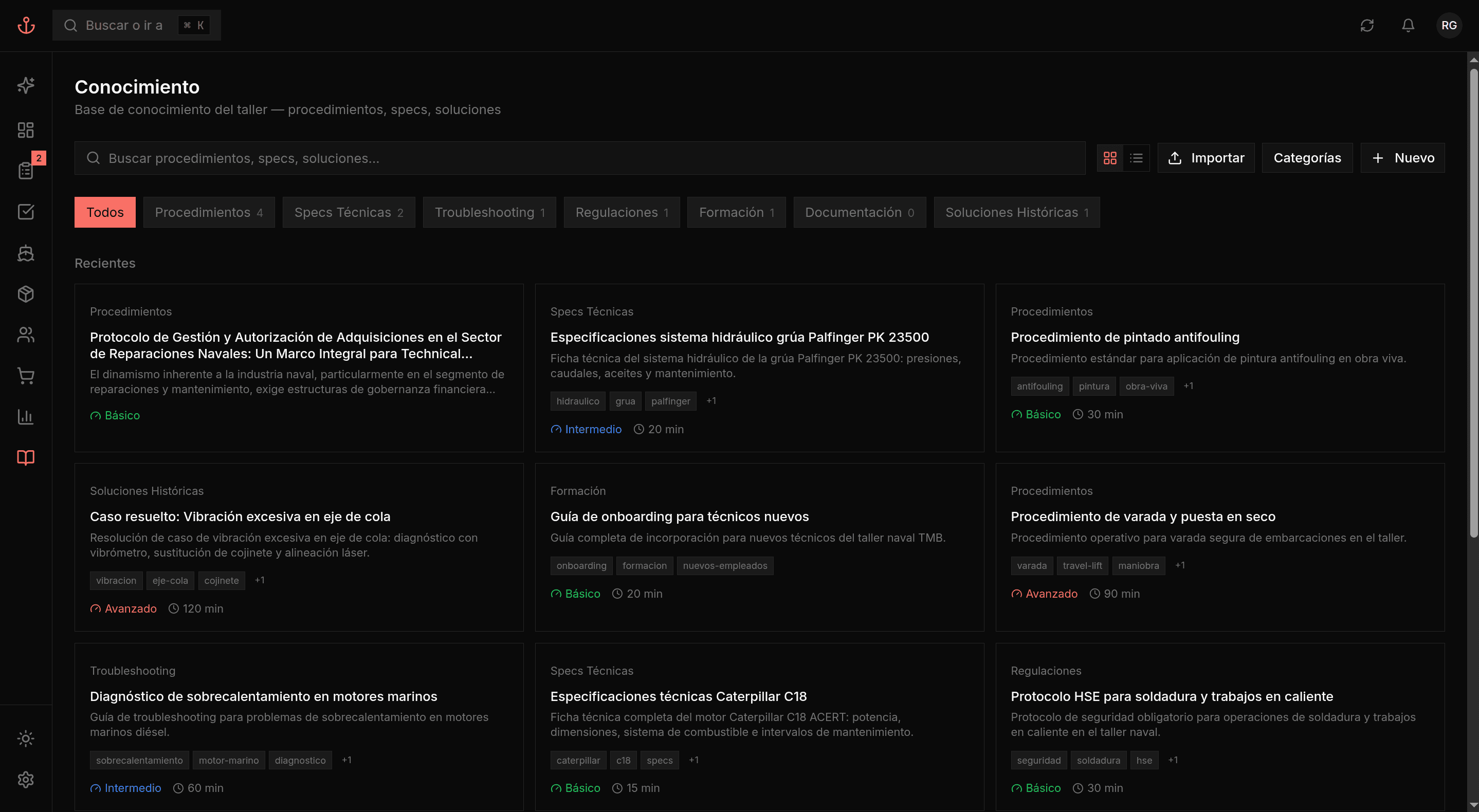 Knowledge base with 9 articles, categories, difficulty levels, and reading times