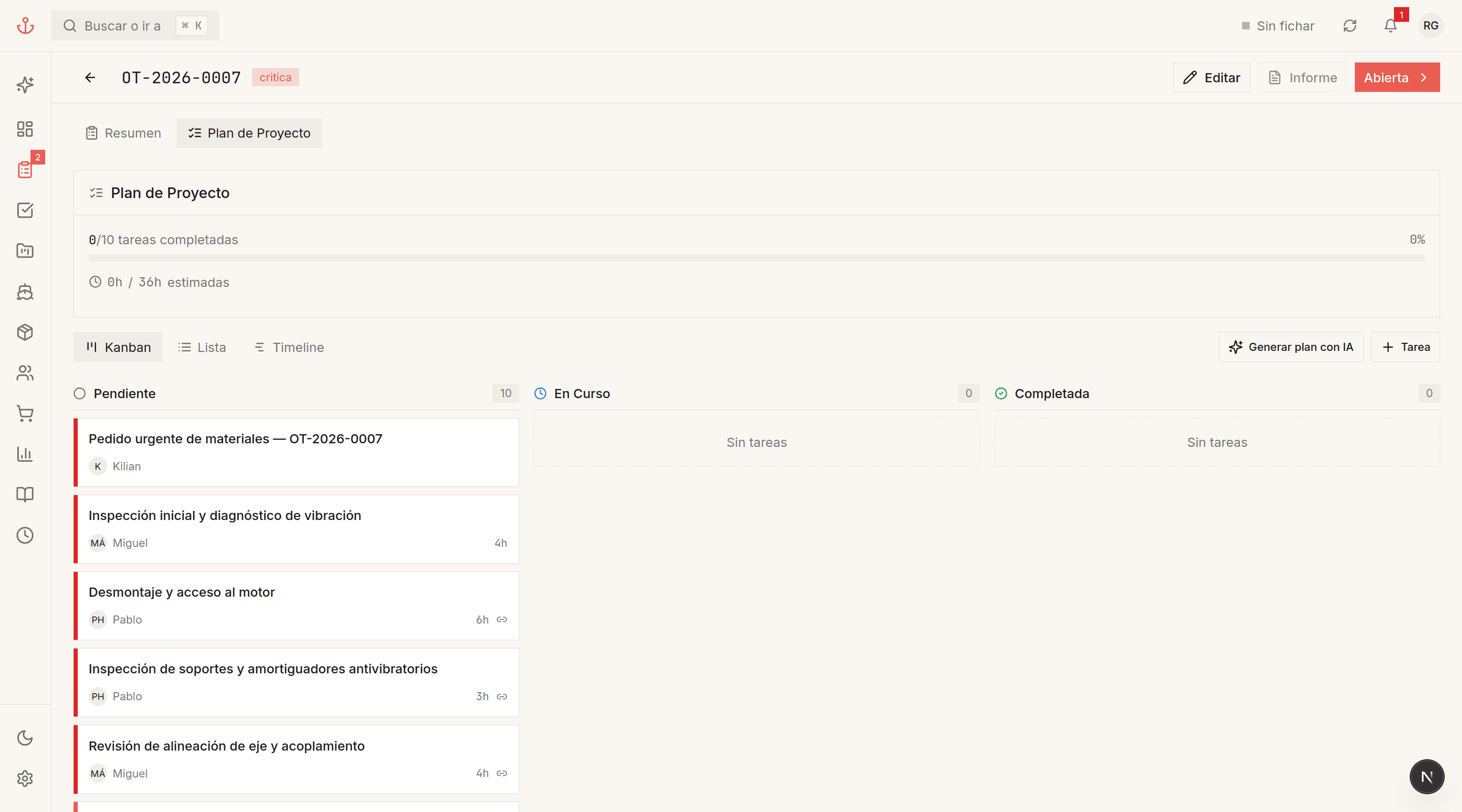 Work order with kanban task board, assigned technicians, and priorities